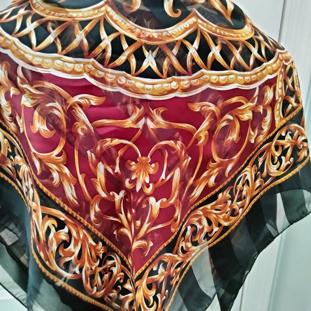Sheer Scarf, Gold, Black, Burgundy Medallion Pattern, 34" Square, Polyester, New - Picture 3 of 10